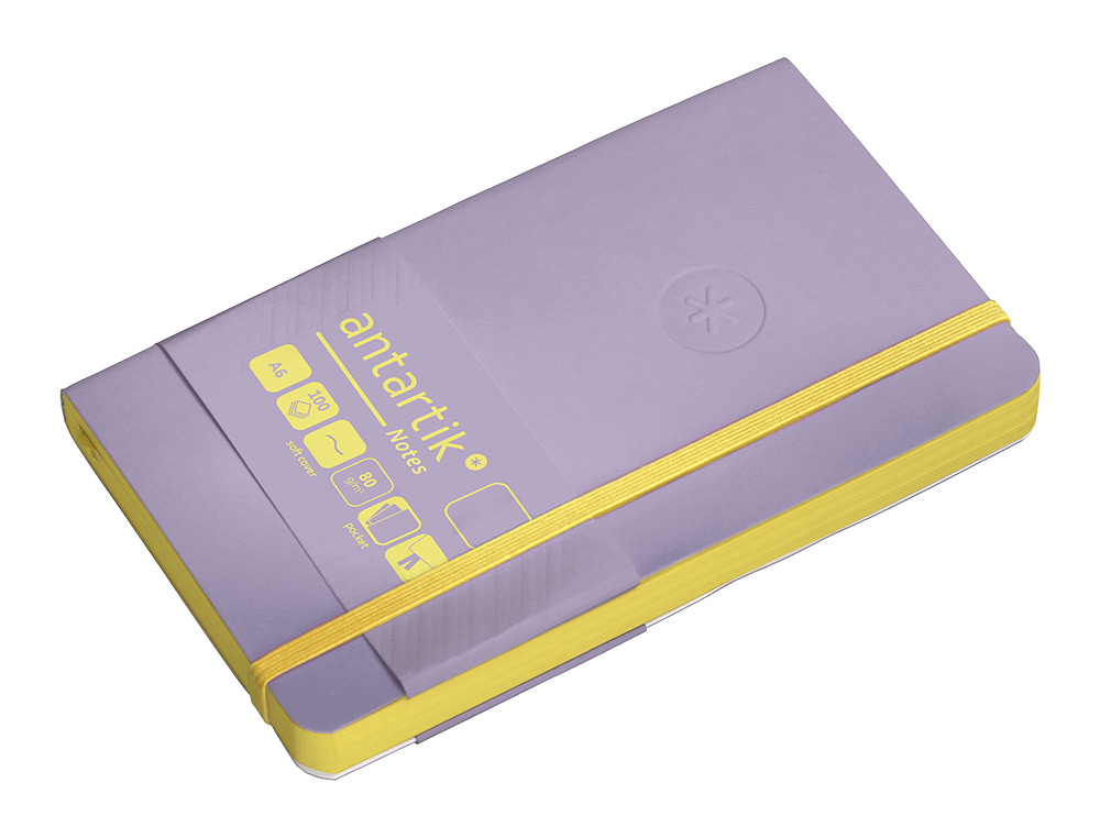 CUADERNO CON GOMILLA ANTARTIK NOTES TAPA BLANDA A6 HOJAS LISAS MORADO Y AMARILLO 100 HOJAS 80 GR FSC