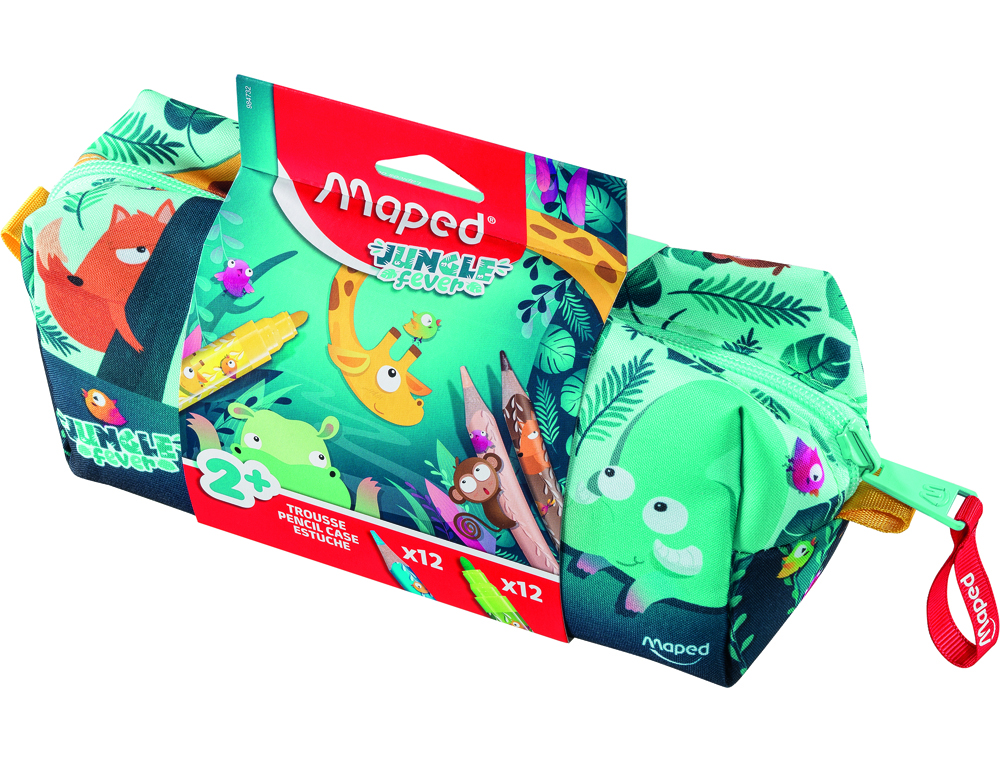 BOLSO ESCOLAR PORTATODO MAPED UNGLE FEVER CON 12 ROTULADORES COLORES SURTIDOS + 12 LAPICES DE COLORES
