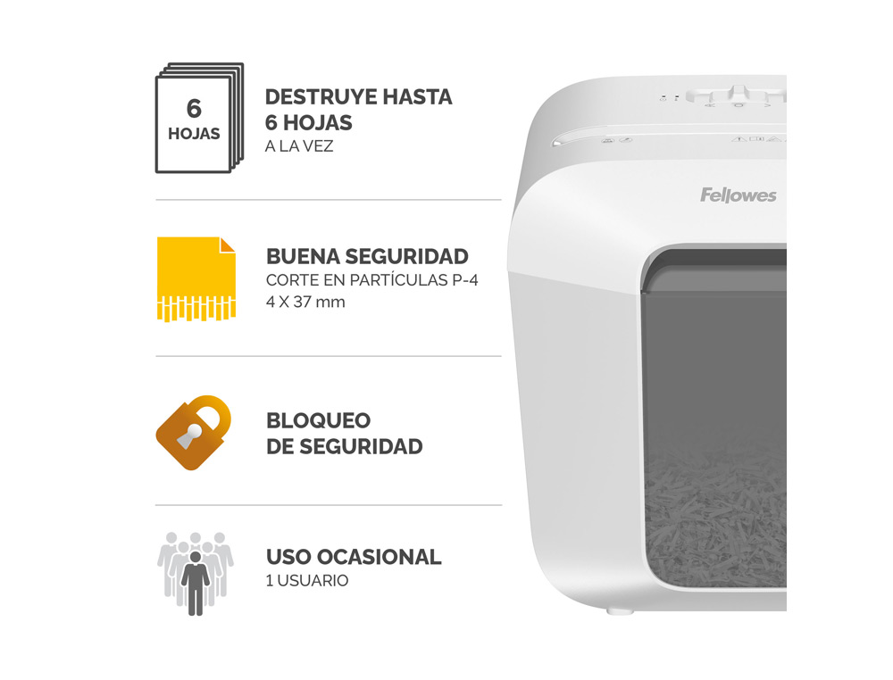 DESTRUCTORA DE DOCUMENTOS FELLOWES LX25 CAPACIDAD 6H SEGURIDAD P4 DESTRUYE GRAPAS CLIPS Y TARJETAS