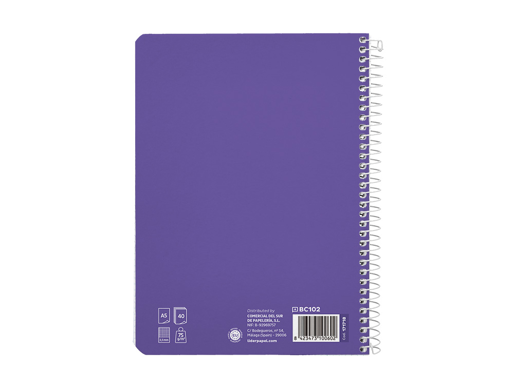 CUADERNO ESPIRAL LIDERPAPEL A5 PAUTAGUIA TAPA BLANDA 40H 75GR CUADRO PAUTADO 2,5MM COLOR LILA