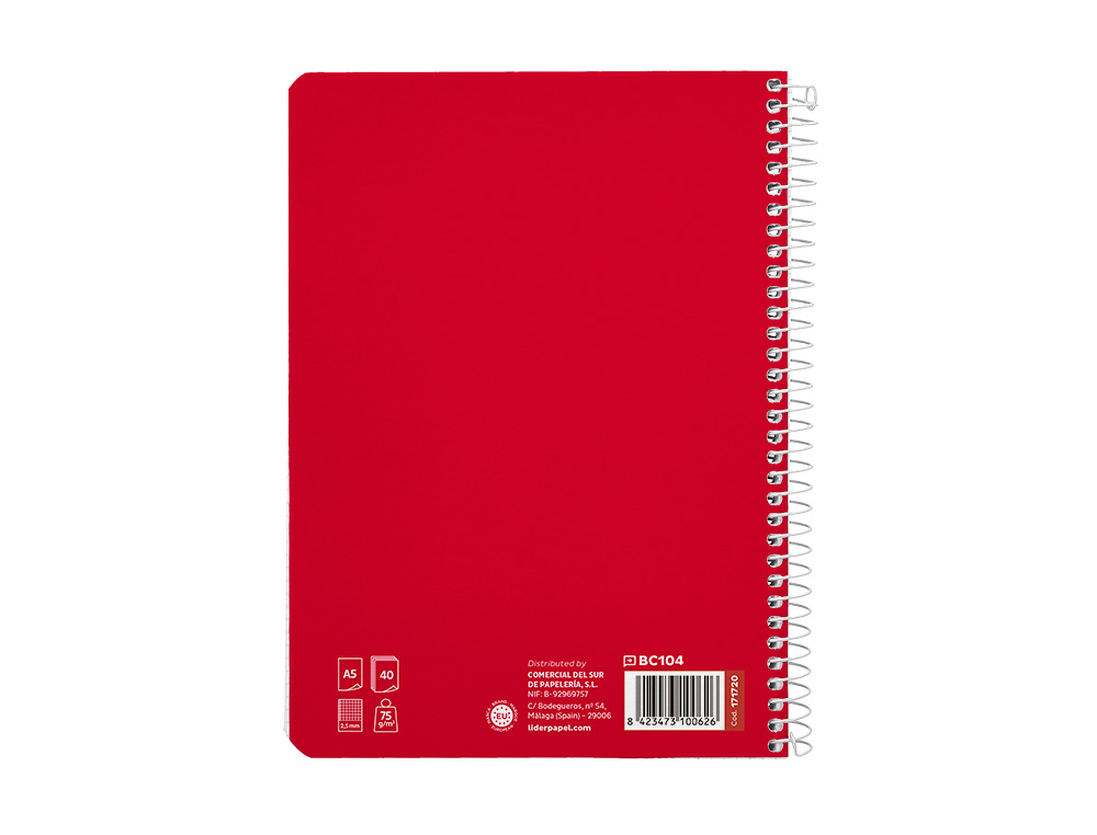 CUADERNO ESPIRAL LIDERPAPEL A5 PAUTAGUIA TAPA BLANDA 40H 75GR CUADRO PAUTADO 2,5MM COLOR ROJO