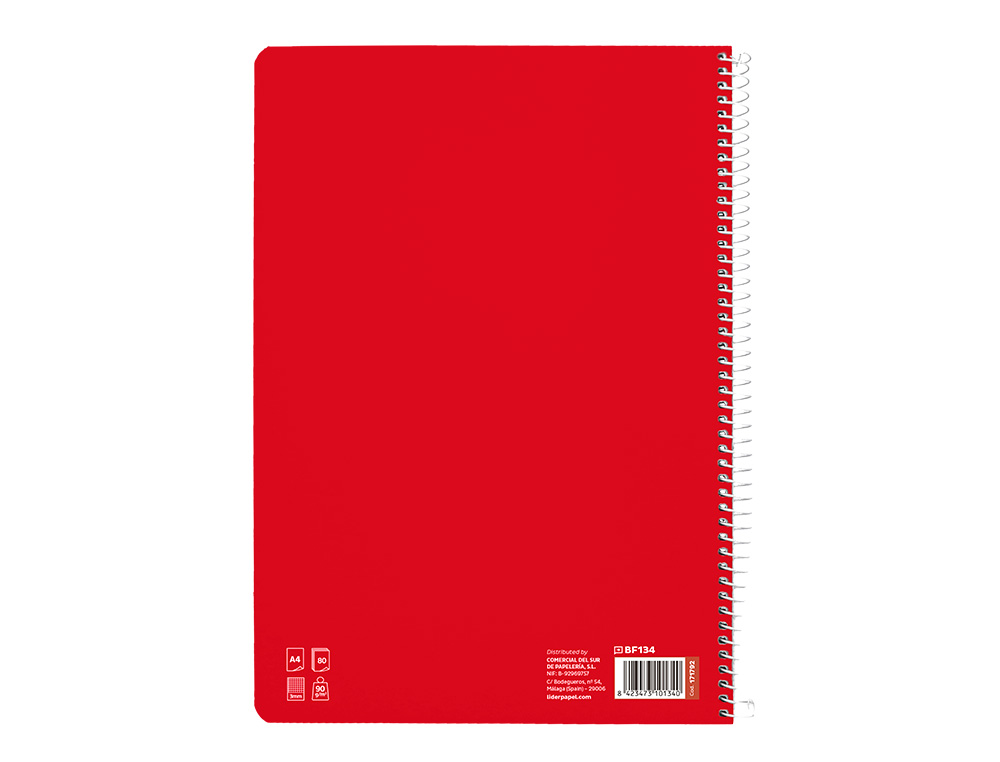 CUADERNO ESPIRAL LIDERPAPEL DIN A4 PAUTAGUIA TAPA DURA 80H 90 GR CUADRO PAUTADO 3MM COLOR ROJO