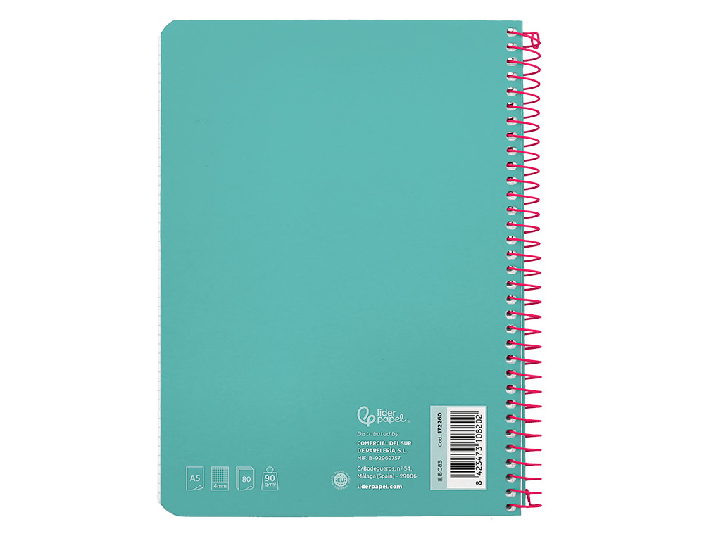 CUADERNO ESPIRAL LIDERPAPEL DIN A5 WITTY TAPA DURA 80H 90GR CUADRO 4MM CON MARGEN COLOR TURQUESA