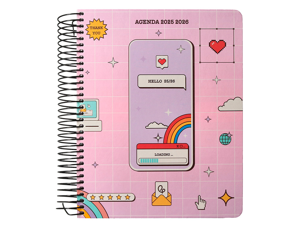 AGENDA ESCOLAR LIDERPAPEL 25-26 ESPIRAL PIXEL ROSA DIA PAGINA A5 BILINGÜE PAPEL FSC 80 GR