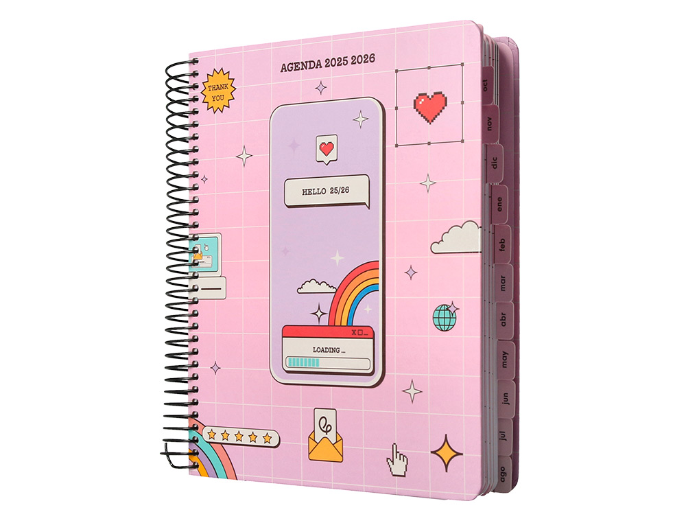 AGENDA ESCOLAR LIDERPAPEL 25-26 ESPIRAL PIXEL ROSA DIA PAGINA A5 BILINGÜE PAPEL FSC 80 GR