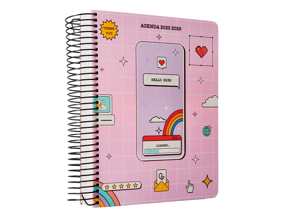 AGENDA ESCOLAR LIDERPAPEL 25-26 ESPIRAL PIXEL ROSA DIA PAGINA A5 BILINGÜE PAPEL FSC 80 GR
