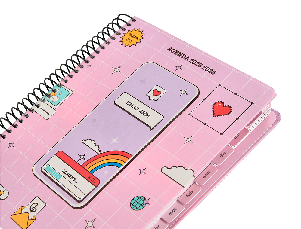 AGENDA ESCOLAR LIDERPAPEL 25-26 ESPIRAL PIXEL ROSA DIA PAGINA A5 BILINGÜE PAPEL FSC 80 GR