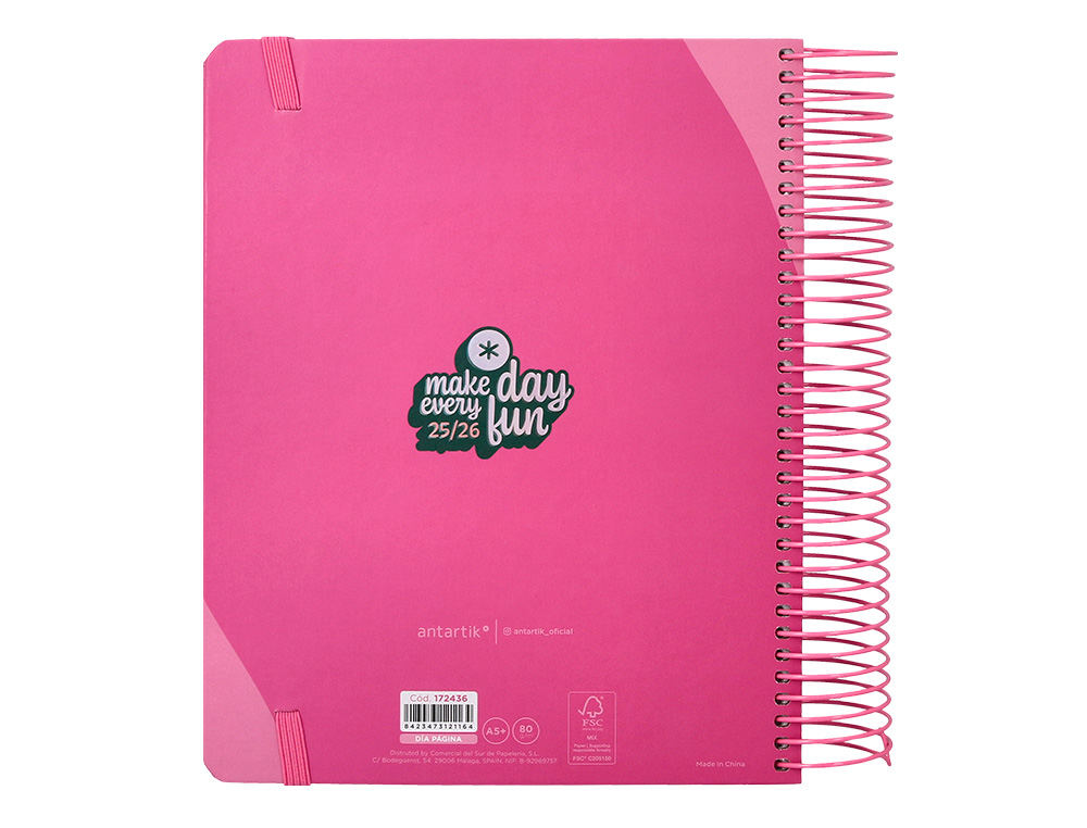 AGENDA ESCOLAR ANTARTIK 25-26 ESPIRAL FUN DAY FUCSIA DIA PAGINA A5 BILINGE PAPEL FSC 80 GR