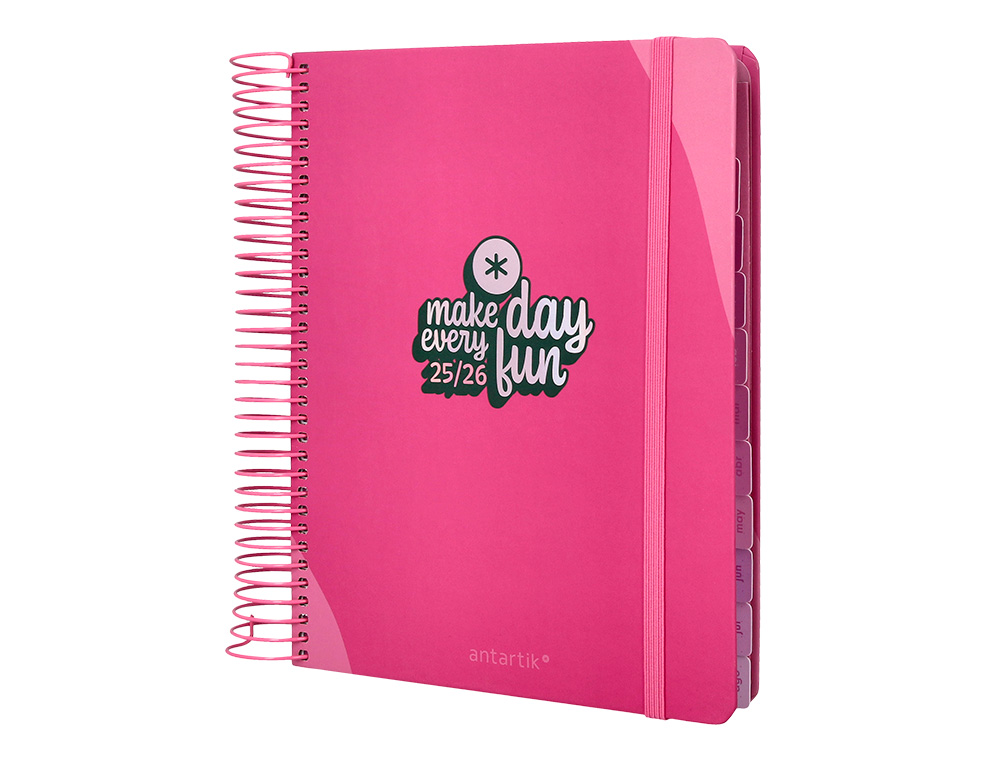 AGENDA ESCOLAR ANTARTIK 25-26 ESPIRAL FUN DAY FUCSIA DIA PAGINA A5 BILINGE PAPEL FSC 80 GR