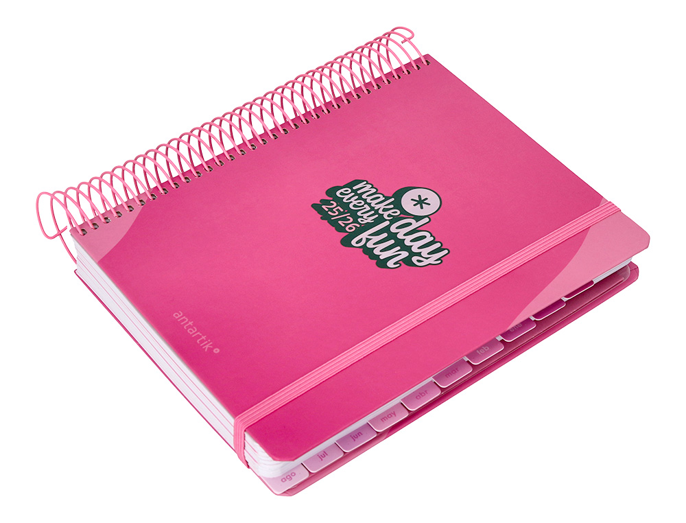 AGENDA ESCOLAR ANTARTIK 25-26 ESPIRAL FUN DAY FUCSIA DIA PAGINA A5 BILINGE PAPEL FSC 80 GR
