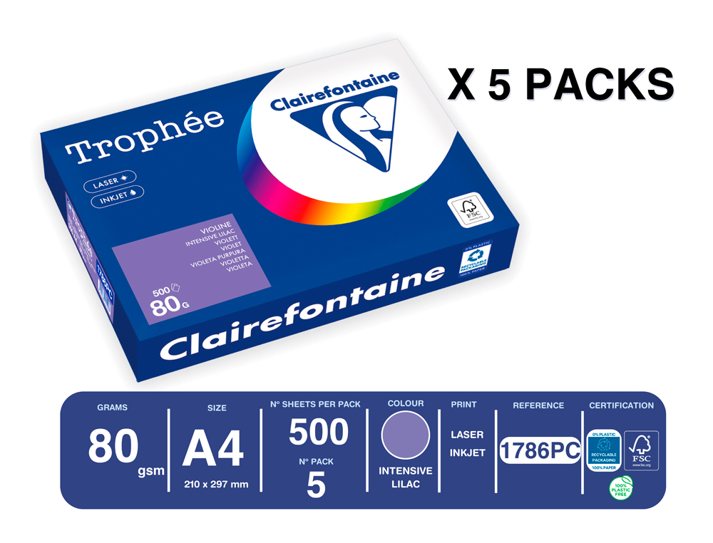 PAPEL COLOR TROPHEE A4 80GR ROSA VIOLETA INTENSO PAQUETE DE 500 HOJAS