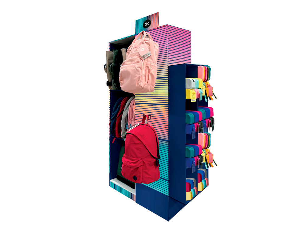 MOCHILA Y ESTUCHE PORTATODO ANTARTIK EXPOSITOR DE SUELO CARTON CON 46 UNIDADES SURTIDAS 30X150X90 CM