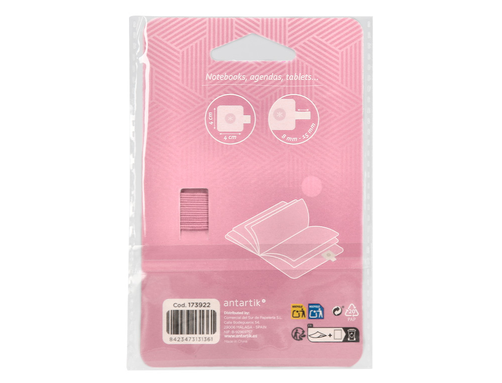 PORTABOLIGRAFO AUTOADHESIVO ANTARTIK PARA CUADERNO NOTE CON ELASTICO HASTA 15 MM GROSOR 1MM ROSA 40X40 MM