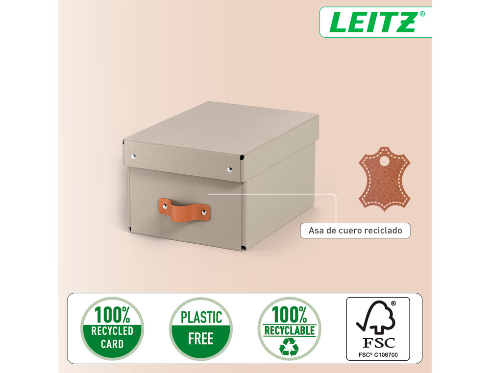 CAJA DE ALMACENAJE LEITZ CARTON PEQUEÑA CON ASA DE PIEL COLOR BEIGE PACK DE 2 UNIDADES