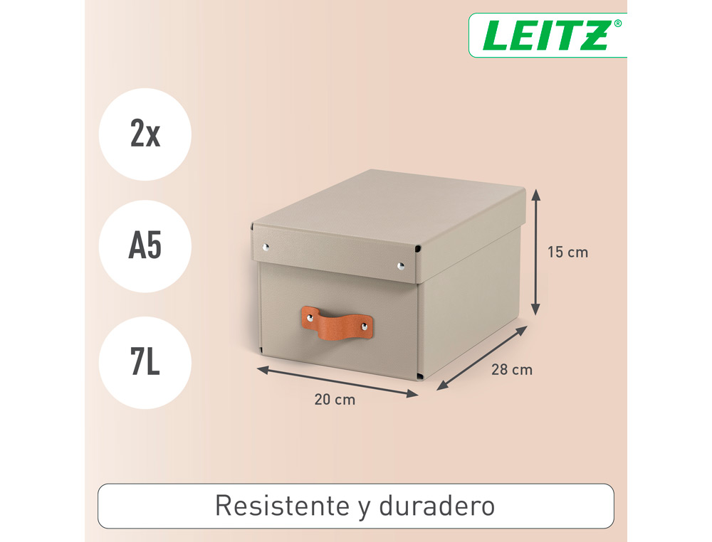 CAJA DE ALMACENAJE LEITZ CARTON PEQUEÑA CON ASA DE PIEL COLOR BEIGE PACK DE 2 UNIDADES