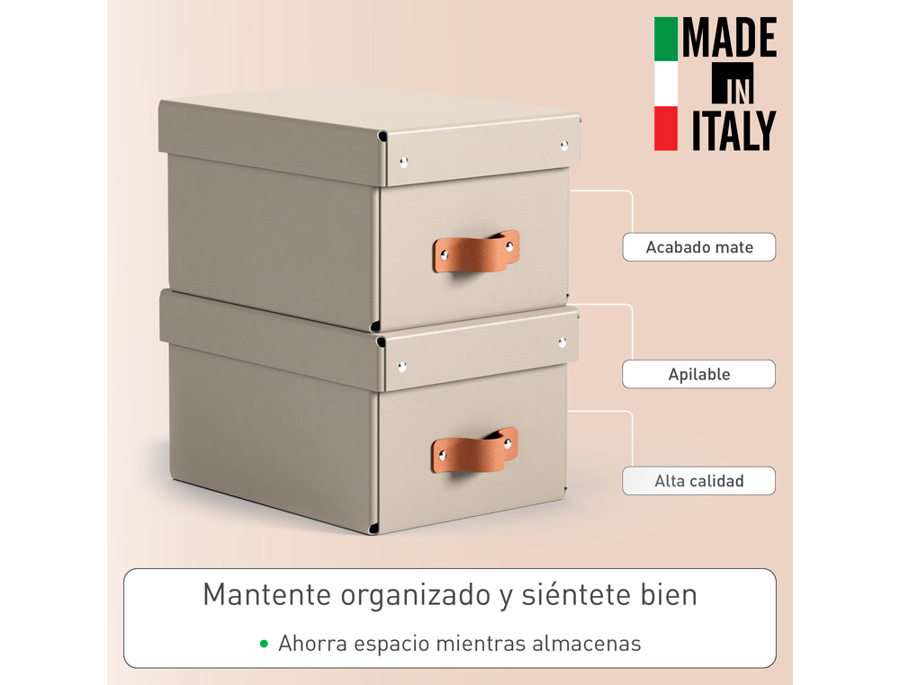 CAJA DE ALMACENAJE LEITZ CARTON PEQUEÑA CON ASA DE PIEL COLOR BEIGE PACK DE 2 UNIDADES