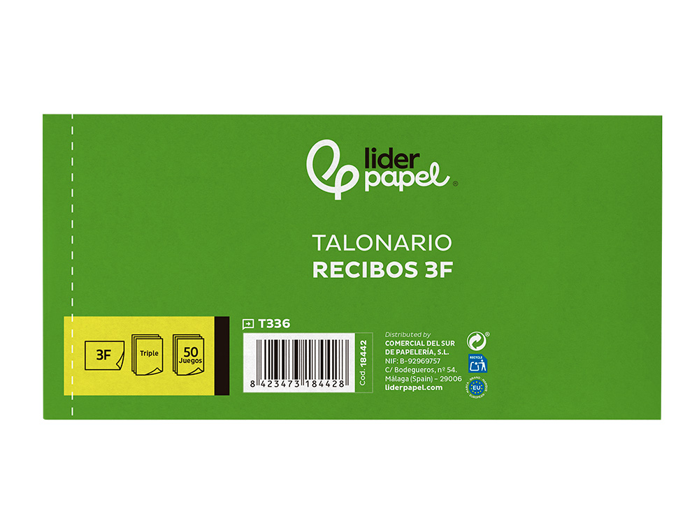 TALONARIO LIDERPAPEL RECIBOS 3/F APAISADO ORIGINAL Y 2 COPIAS SIN MATRIZ