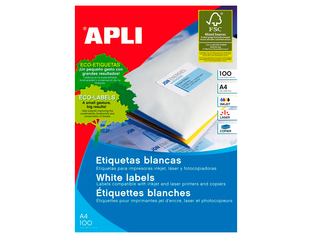 ETIQUETA ADHESIVA APLI 1273 TAMAO 70X37 MM FOTOCOPIADORA LASER INK-JET CAJA CON 100 HOJAS DIN A4