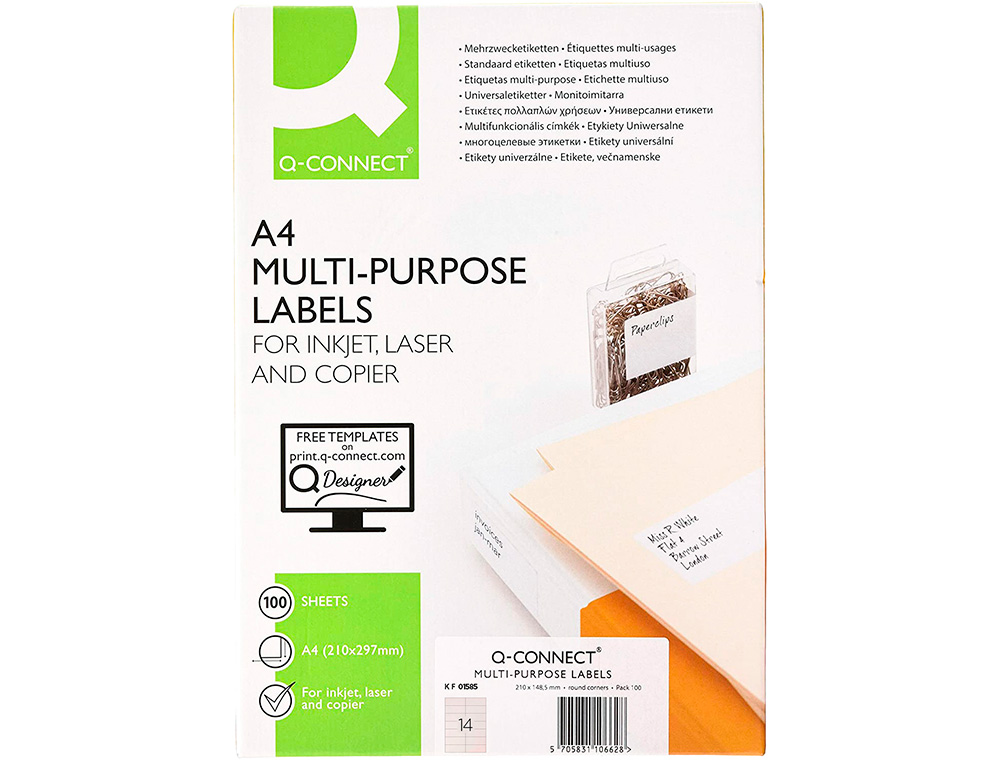 ETIQUETA ADHESIVA Q-CONNECT KF01585 TAMAO 99,1X38,1 MM FOTOCOPIADORA LASER INK-JET CAJA CON 100 HOJAS DIN A4
