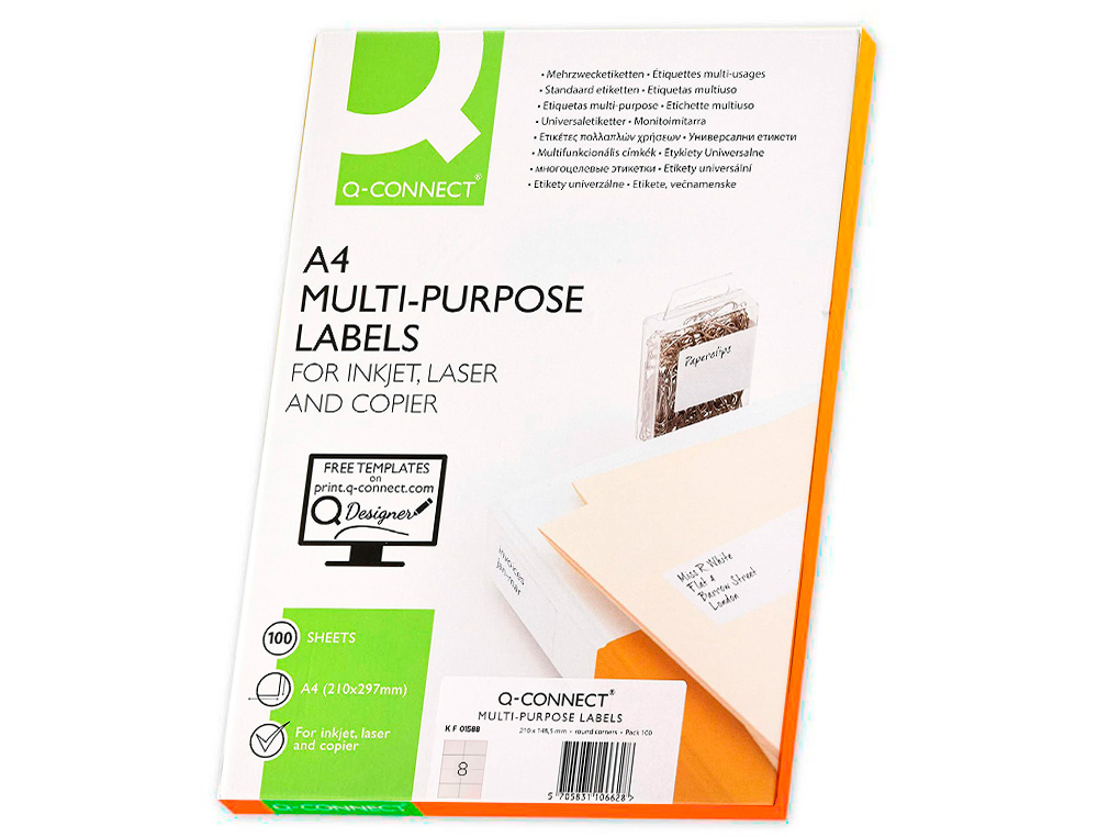 ETIQUETA ADHESIVA Q-CONNECT KF01588 TAMAO 99,1X67,7 MM FOTOCOPIADORA LASER INK-JET CAJA CON 100 HOJAS DIN A4