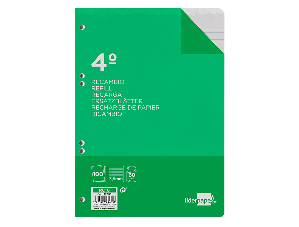 RECAMBIO LIDERPAPEL CUARTO 100 HOJAS 60GR PAUTA 4ª 3.5MM CON MARGEN 6 TALADROS