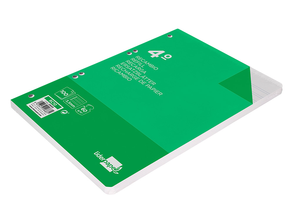 RECAMBIO LIDERPAPEL CUARTO 100 HOJAS 60GR PAUTA 4ª 3.5MM CON MARGEN 6 TALADROS