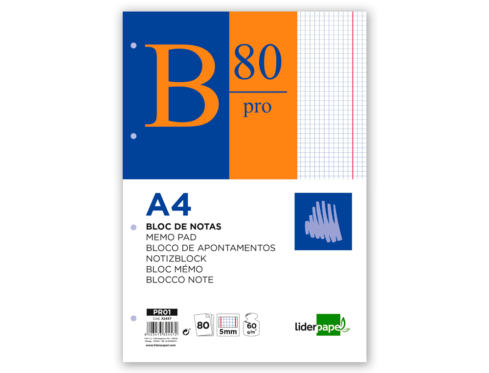 BLOC NOTAS LIDERPAPEL CUADRO 5MM A4 80 HOJAS 60G/M2 ENCOLADO 4 TALADROS DOBLE MARGEN