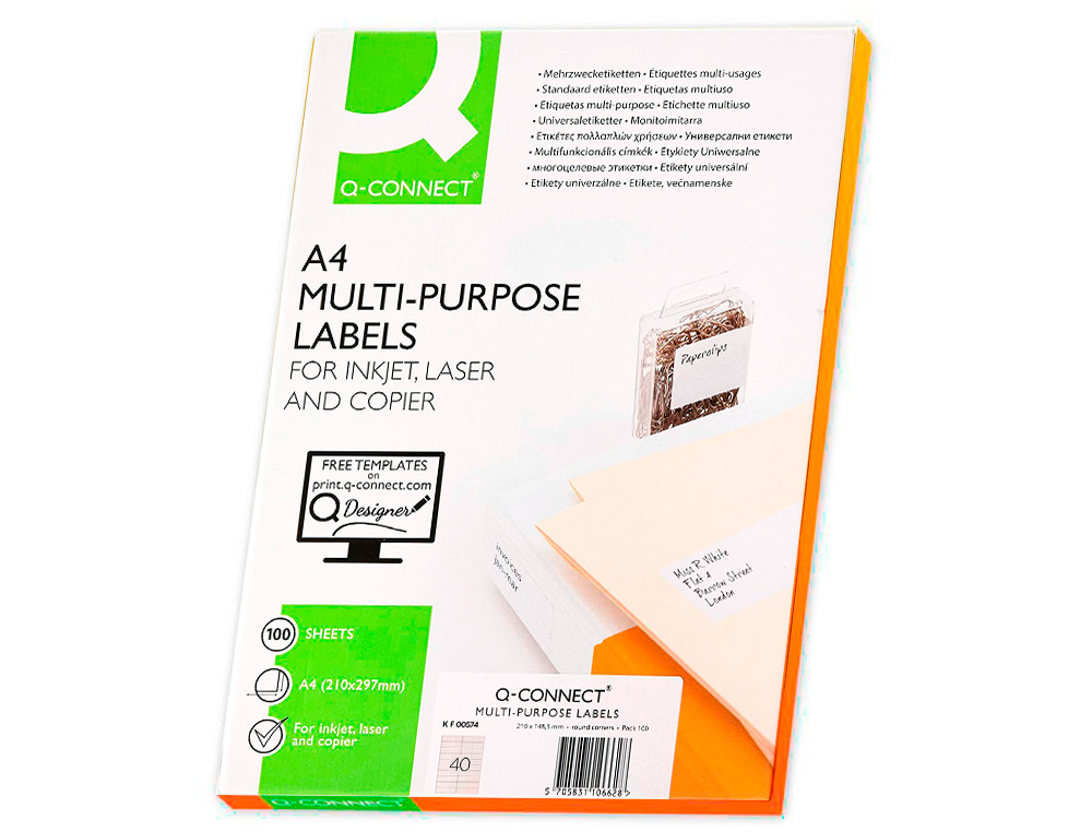 ETIQUETA ADHESIVA Q-CONNECT KF00574 -TAMAÑO 52,5X29,7 MM -FOTOCOPIADORA -LASER -INK-JET-CAJA CON 100 HOJAS DIN A4