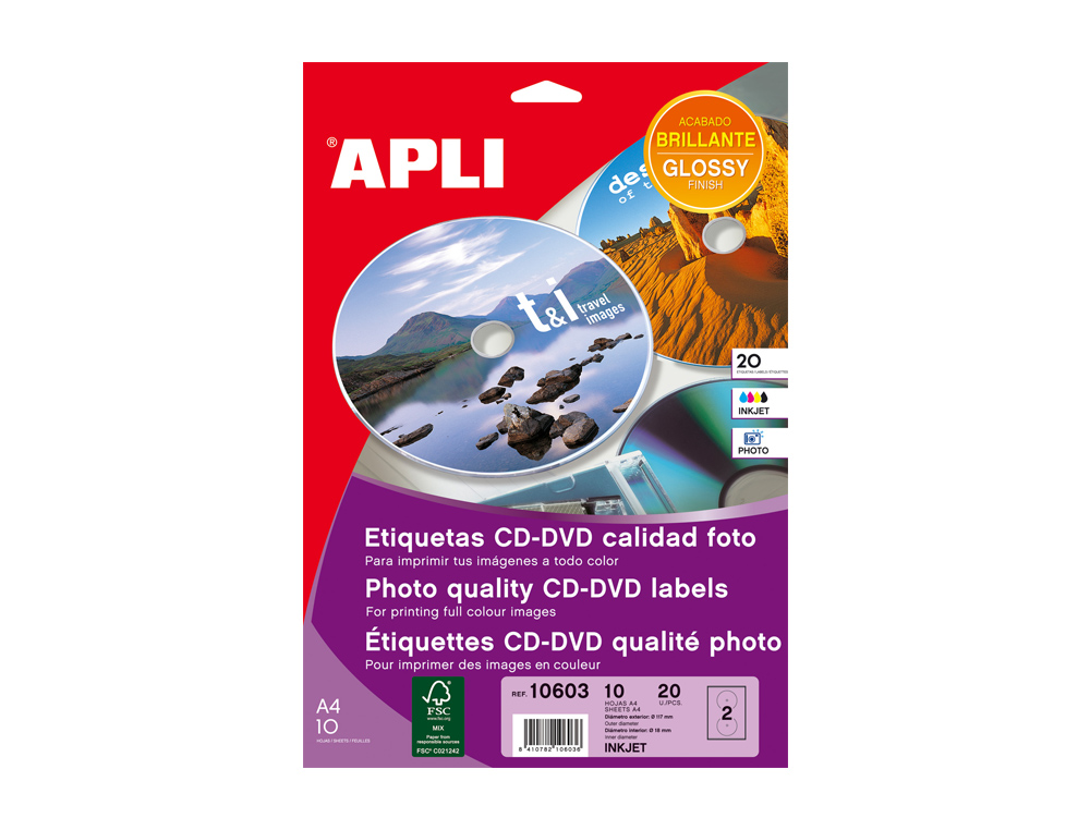 ETIQUETA ADHESIVA APLI 10603 TAMAÑO CD-ROM 117 MM PARA FOTOCOPIADORA LASER INK-JET CAJA CON 10 HOJAS/20 ETIQUETAS