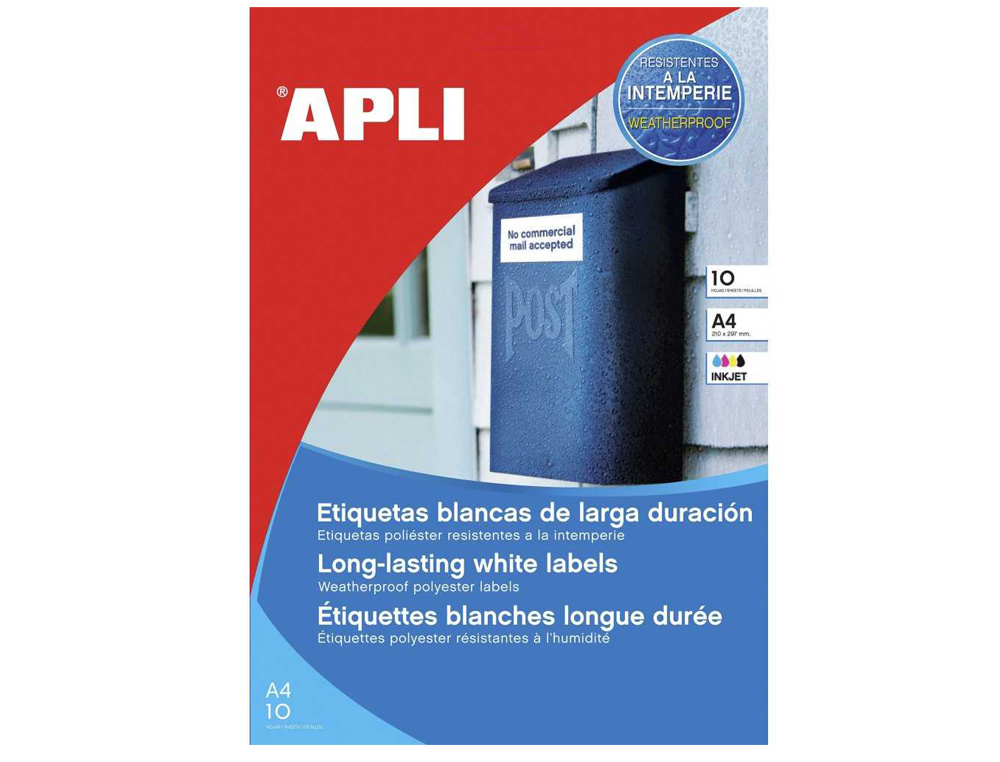 ETIQUETAS ADHESIVAS APLI DE POLIESTER RESISTENTE A LA INTEMPERIE PARA IMPRESORA LASER 210X297 MM