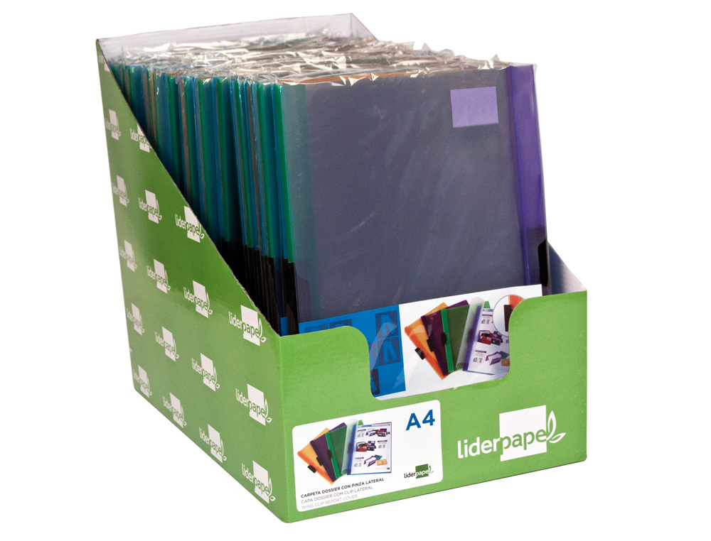 CARPETA LIDERPAPEL DOSSIER PINZA LATERAL POLIPROPILENO DIN A4 30 HOJAS PACK DE 4 COLORES SURTIDOS