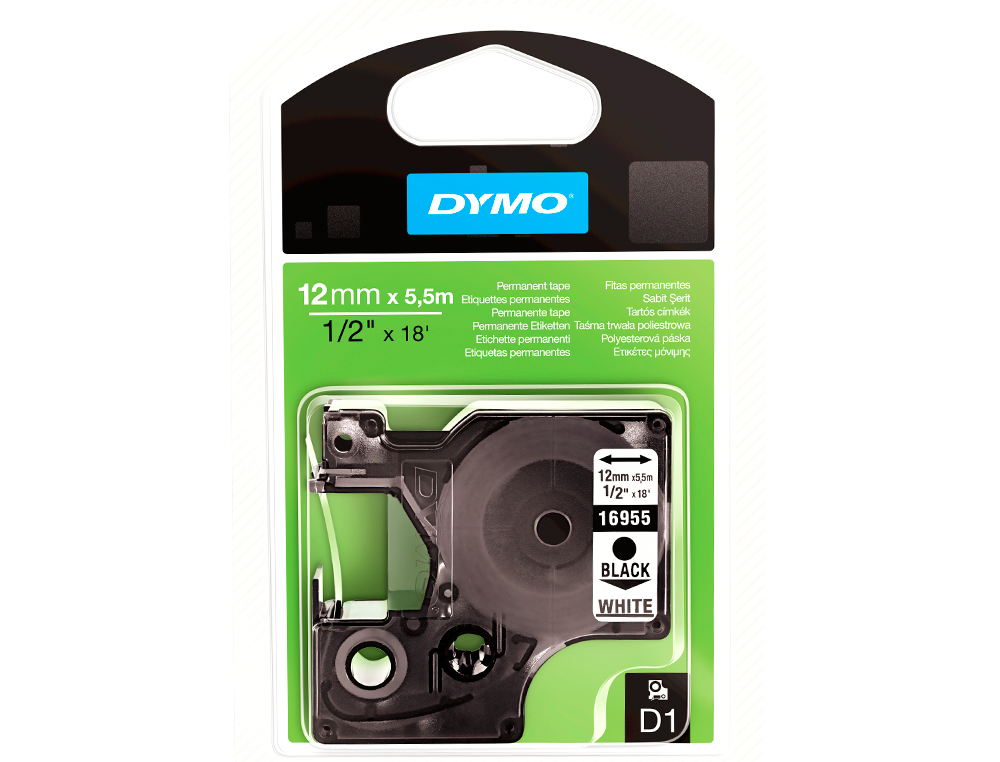 CINTA DYMO NEGRO BLANCO 12MM X 5,5 MT D1 POLYESTER ADHESIVO PERMANENTE