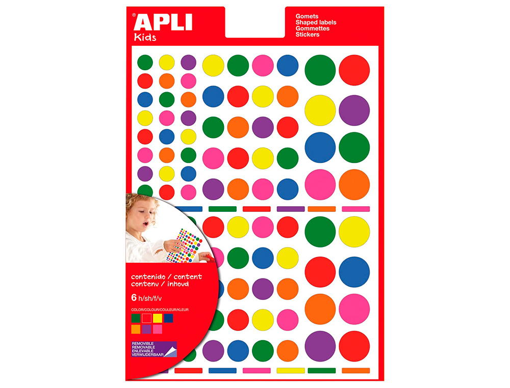 GOMETS APLI AUTOADHESIVO CIRCULO MULTICOLOR BLISTER DE 624 UNIDADES SURTIDAS