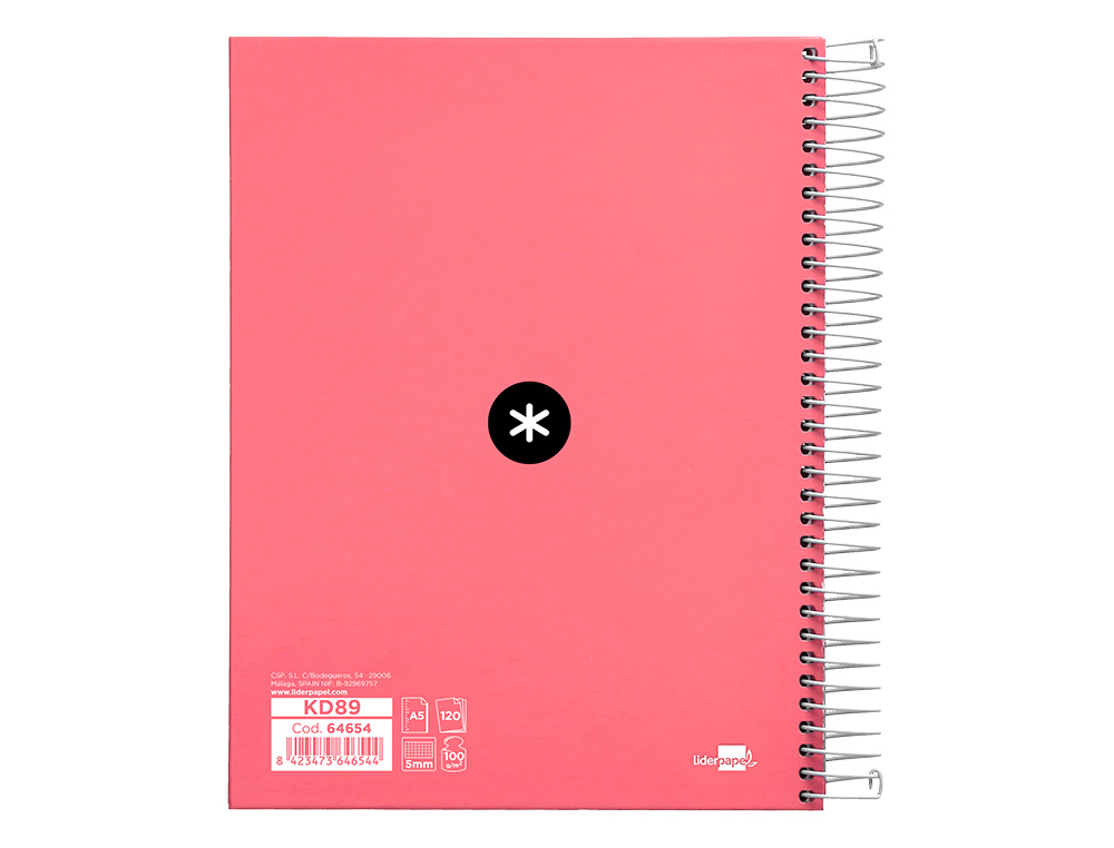 CUADERNO ESPIRAL A5 MICRO ANTARTIK TAPA FORRADA120H 90 GR CUADRO 5 MM 5 BAND 6 TALADROS COLOR CORAL
