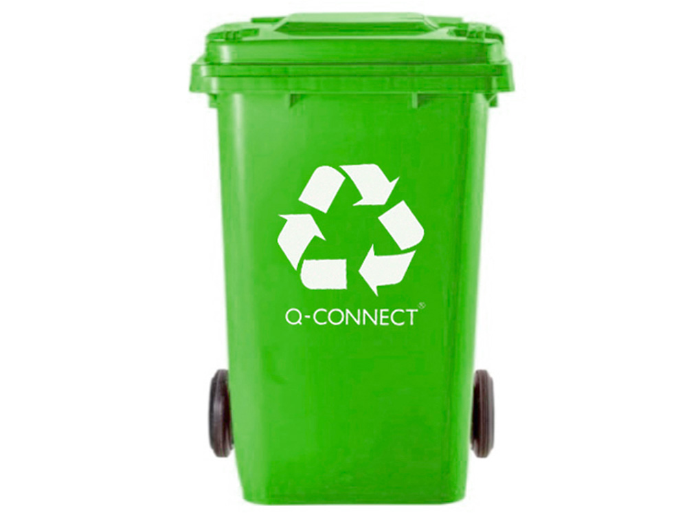 PAPELERA CONTENEDOR Q-CONNECT PLASTICO VERDE PARA ENVASES DE VIDRIO 100L CON TAPA Y RUEDAS 750X470X370 MM