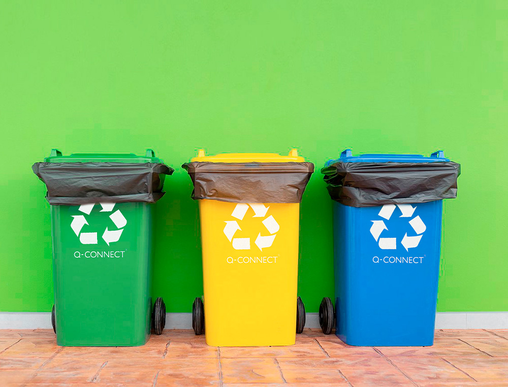 PAPELERA CONTENEDOR Q-CONNECT PLASTICO VERDE PARA ENVASES DE VIDRIO 100L CON TAPA Y RUEDAS 750X470X370 MM