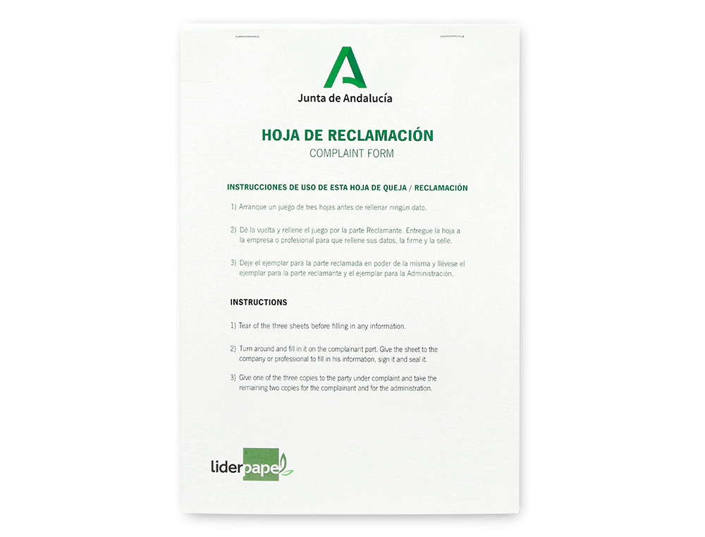 LIBRO LIDERPAPEL HOJAS DE RECLAMACIONES JUNTA DE ANDALUCIA DIN A4 24 JUEGOS ORIGINAL + 2 COPIAS