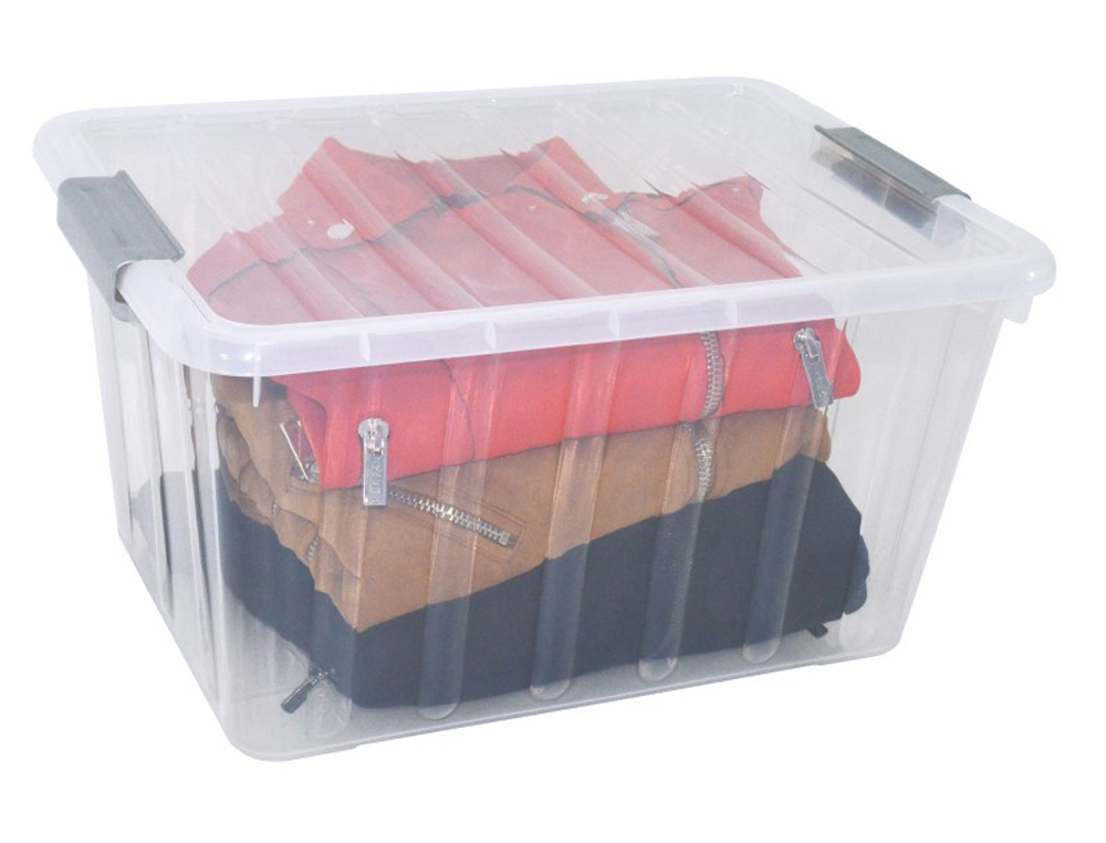 CAJA DE ALMACENAJE ARCHIVO 2000 POLIPROPILENO 32 LITROS APILABLE Y ENCAJABLE CON TAPA Y RUEDAS TRANSPARENTE