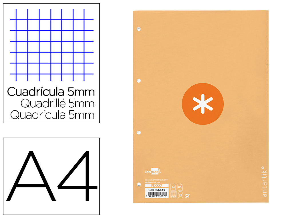 RECAMBIO ANTARTIK A4 80 HOJAS 90G/M2 CUADRO 5MM 4 TALADROS 1 BANDA CON MARCO COLOR PEACH