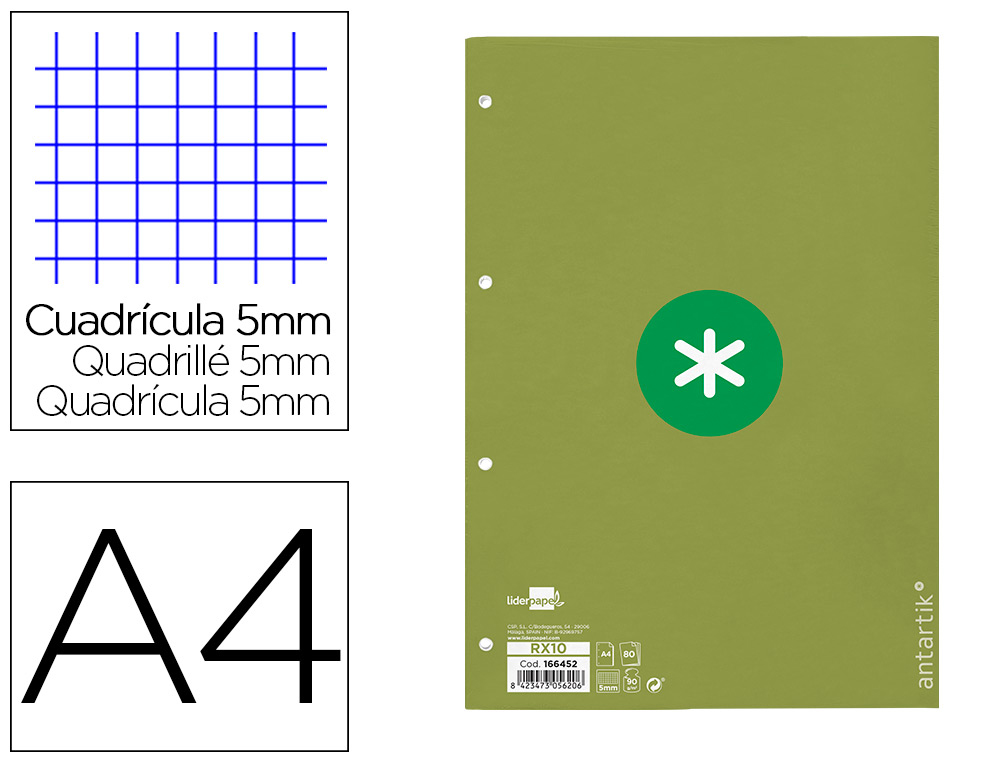 RECAMBIO ANTARTIK A4 80 HOJAS 90G/M2 CUADRO 5MM 4 TALADROS 1 BANDA CON MARCO COLOR VERDE