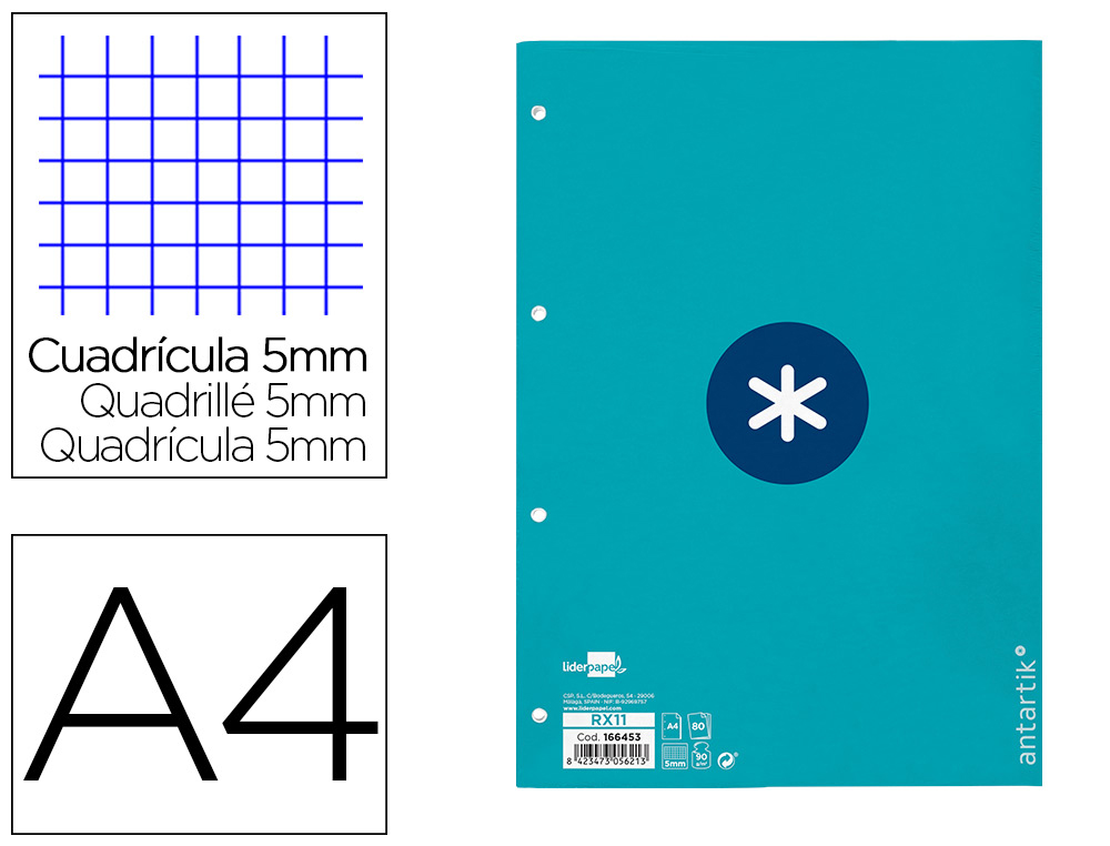 RECAMBIO ANTARTIK A4 80 HOJAS 90G/M2 CUADRO 5MM 4 TALADROS 1 BANDA CON MARCO COLOR TURQUESA