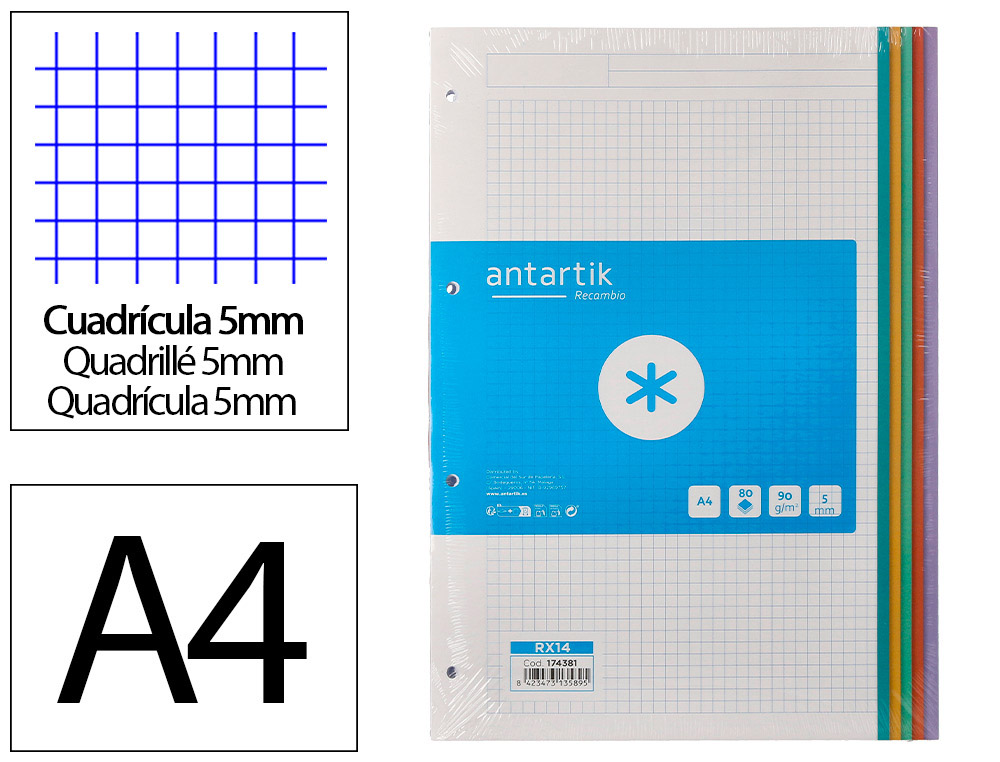 RECAMBIO ANTARTIK A4 80 HOJAS 90G/M2 CUADRO 5 MM 4 TALADROS BANDAS DE 5 COLORES PASTELES