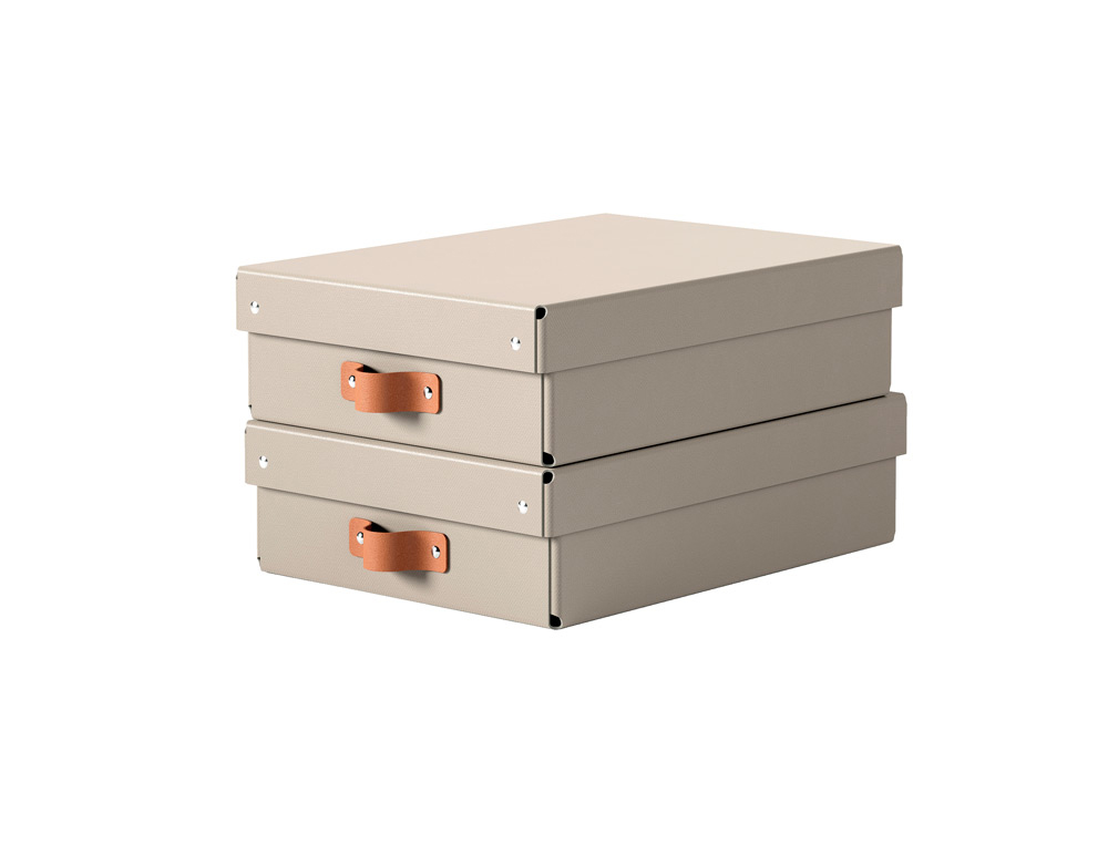 CAJA DE ALMACENAJE LEITZ CARTON MEDIANA BAJA CON ASA DE PIEL COLOR AZUL PACK DE 2 UNIDADES