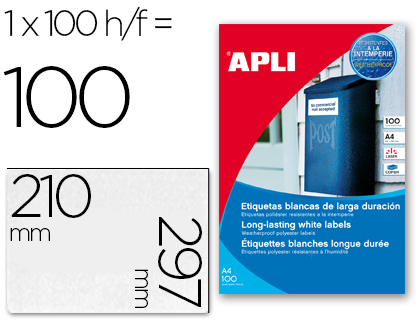 ETIQUETA ADHESIVA APLI POLIESTER 210X297 MM RESISTENTE A LA INTERPERIE LASER PACK DE 100 HOJAS